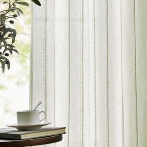 jinchan Linen Blend Curtains 84 Inches Long Sage Green Striped Curtains for Living Room Farmhouse French Country Light Filtering Drapes for Bedroom 2 Panel Sets (50"W x 84"L (Pack of 2))