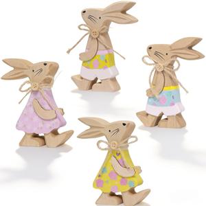 4 Pack Easter Bunny Table Decorations Wooden Spring Bunnies Ornament Wood Farmhouse Rabbit Decor for Tabletop Tiered Tray Shelf Mantel Party Home Outdoor Indoor Decor