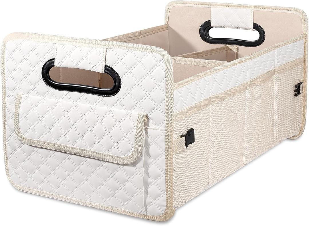 JiatuA Car Trunk Organizer for SUV, Car Storage Organizer Collapsible Multi Compartment Container Box Adjustable Car Accessories for Women Men, Beige (Standard)