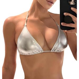 Women's Metallic Bikini Top - Halter Shiny Triangle Bralette Rave Tops Tie Side Swimsuit Bra (Large)