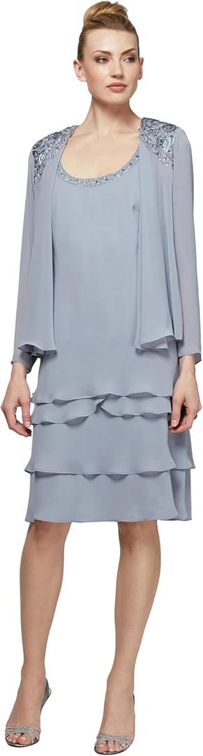 S.L. Fashions Women's Mother of The Bride Tiered Jacket Dress with Shoulder Embellishment, Concrete, 8 Petite
