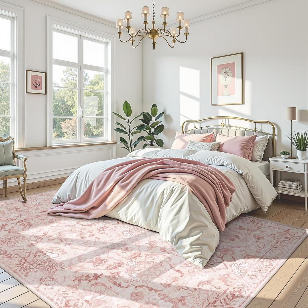 Pink Area Rugs 8x10 Rugs for Living Room, Traditional Washable Rugs for Bedroom Distressed Large Area Rug Living Room Rug Non Slip Rug Carpet for Dining Nursery