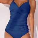 B2prity Women's Ruched Tankini Swimsuits V Neck Wrap Tie Back Two Pieces Bathing Suit Tummy Control Swimwear M