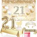 Trgowaul 21st Birthday Decorations for her, Gold 21 Year Old Banner, Tablecloth, 21st Sash and Crown, Cake Topper, Number Balloons, Happy 21 Birthday Decorations Women