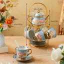 20Pcs Porcelain Tea Set for Adults, European Ceramic Tea Set Flower Ceramic Tea Cups, Teapot, & Saucers with Metal Holder for Women Tea Party (Blue)