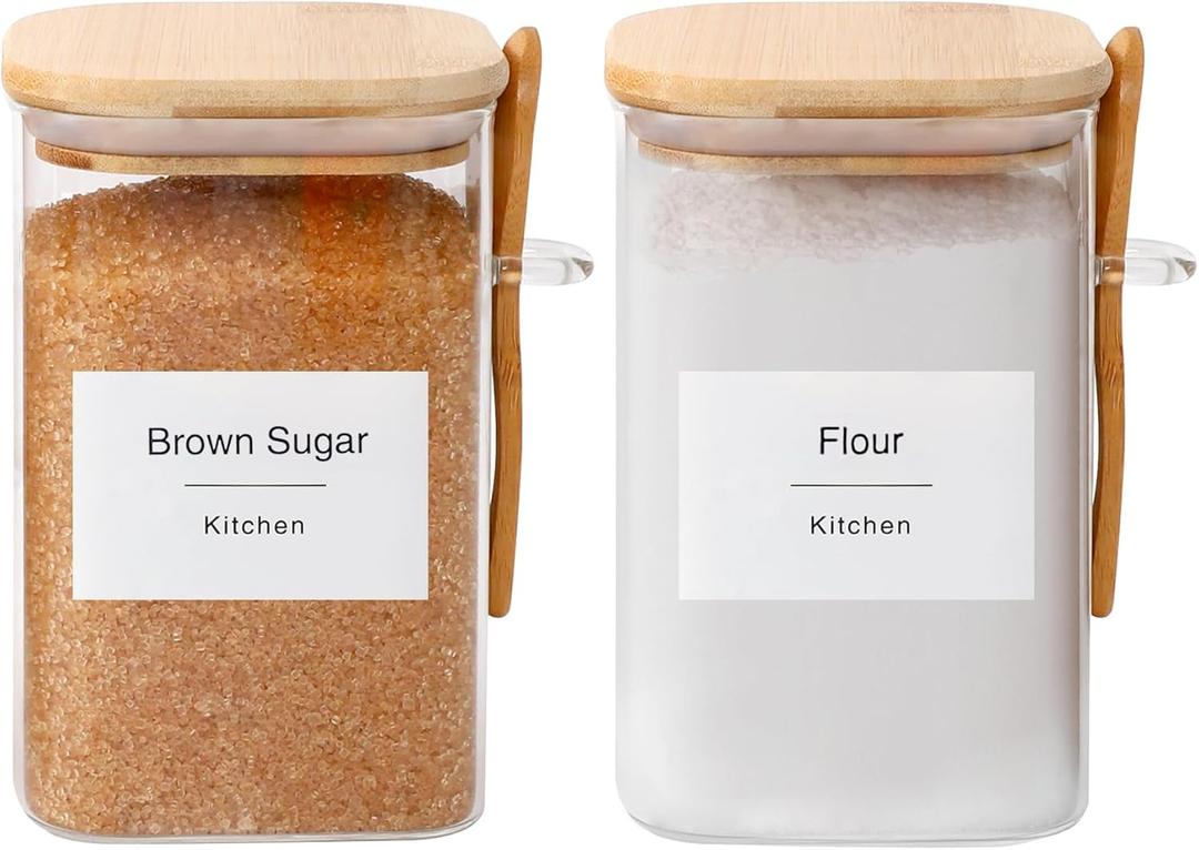 Flour and Sugar Containers - 34 oz Glass Jar with Bamboo Lid and Spoon, Sugar Holder and Canister for Countertop, Glass Containers for Coffee Beans, Tea, Flour, Nuts, Candy and Cookie (Set of 2), Square-34oz-2Pack