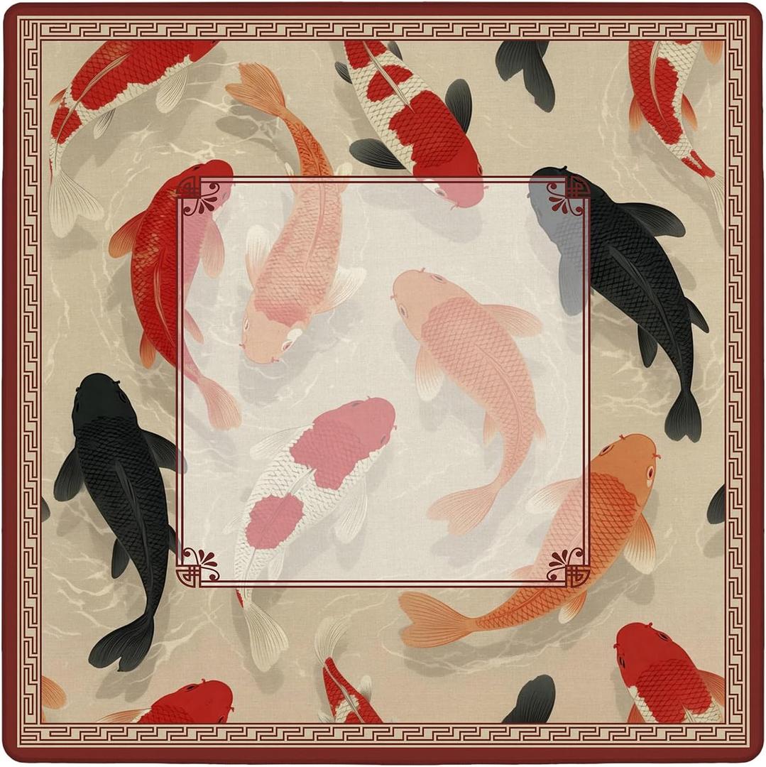 Chinoiserie Koi Fish Mahjong Mat 31.5x31.5 Inch, Vintage Oriental Japanese Asian Fish Non-Slip Noise Reduction Mahjong Table Mat for American Mah Jong Poker Card Board Games Dominoes