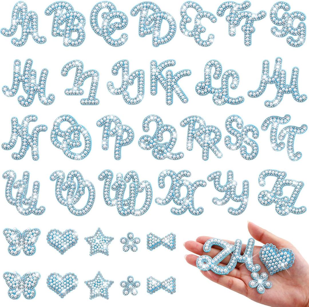 62Pcs Self Adhesive Pearl Letter Patches (A-Z) Star Butterfly Heart Bowknot Flower Glitter Pearl Letter Patches Rhinestone Applique for DIY Clothes, Bags, Shoes Blue, 62pcs Golden
