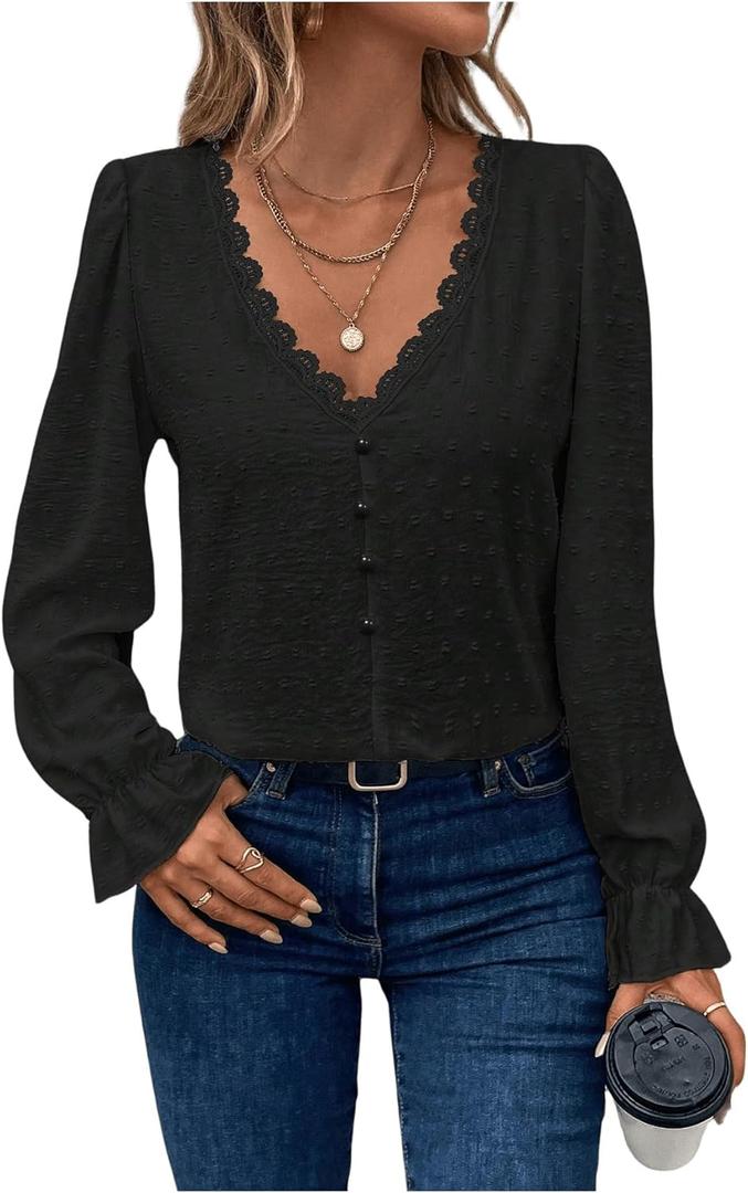 WDIRARA Women's Swiss Dots Lace Trim Blouse V Neck Long Sleeve Top (X-Large, Black)