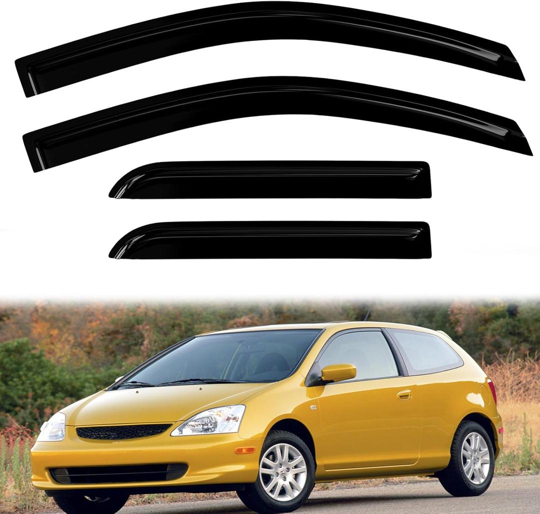 4PC Rain Guards for 2001-2005 Honda Civic Sedan Window Visors for 01-05 Vehicles w/ 4 Doors Deflectors Sun Shades Vent Tape On Out Channel
