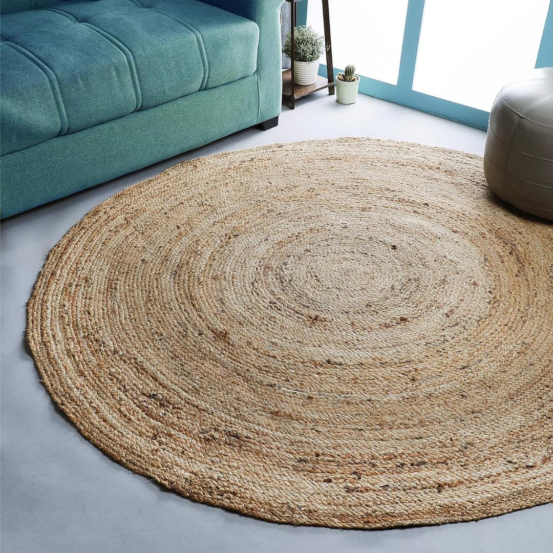 Hausattire Hand Woven Jute Braided Rug, 6 Round  Natural, Reversible Boho Entry Area Rugs for Kitchen, Living Room I Farmhouse Decorative Floor Rug, 6 Feet Round
