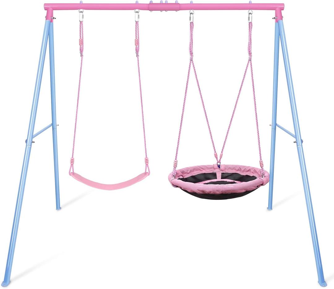 Lunafun Swing Set, 440lbs, Heavy-Duty A-Frame Metal Outdoor SwingStand, 1 Saucer & 1 Belt Swing seat for Playground, Backyard Pink