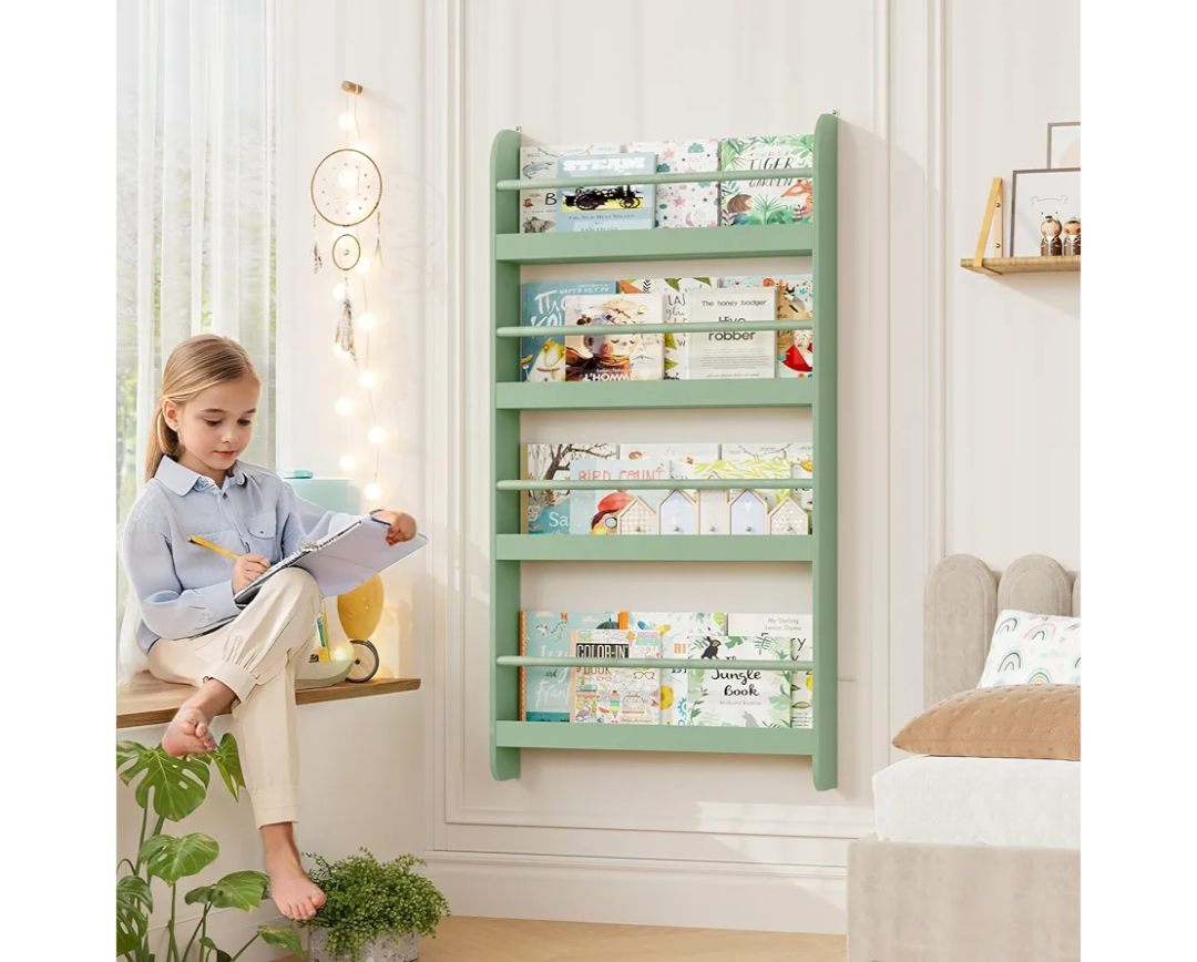 FOTOSOK Kids Bookshelf, Wall Mount 4-Tier Book Shelf Organizer for Toys and Books, Toy Storage Bookshelf in Bedroom, Living Room and Nursery, Green