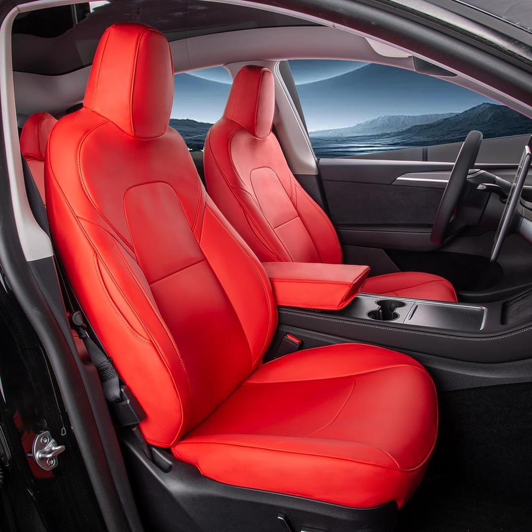 Nappa Leather Car Seat Covers Compatible with Tesla Model Y 2017 2018 2019 2020 2021 2022 2023 2024 Full Set Custom Fit Does Not Affect The Airbag, Reserved Seat Belt Hole-red