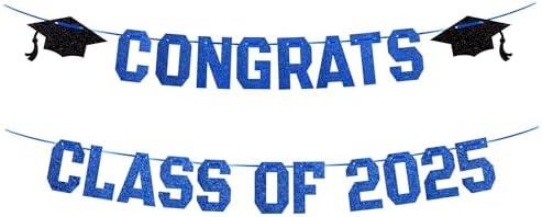 Gexolenu Blue Congratulats Class of 2025 Graduation Theme Party Decoration Banner, Congrats Grad Banner, Black Glitter Graduation Banner, 2025 Black Congratulations Grad Party Decorations