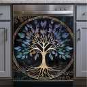 2D Flat Dishwasher Magnet Cover 23x26 Inch Tree of Life Stained Glass Style Kitchen Appliance Front Decorative Panel Removable Fridge Sticker Spiritual Nature Home Decor
