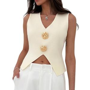 Verdusa Women's Old Money Tops Sweater Vest V Neck Metal Knit Trendy Going Out Tops Apricot X-Small