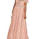 Bdcoco Women's V Neck Floral Lace Wedding Dress Short Sleeve Bridesmaid Evening Party Maxi Dress Pink Peach Size S
