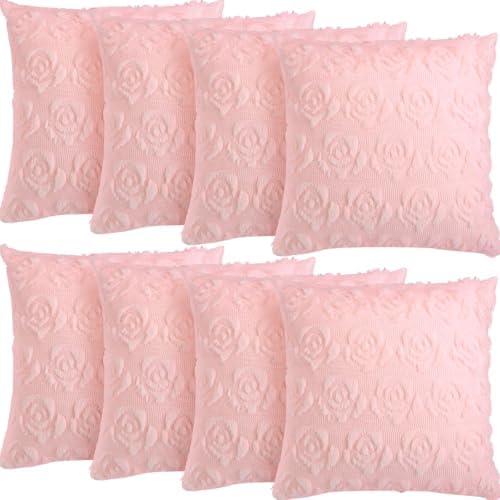Mixweer 8 Sets Cute Throw Pillows Covers 18 x 18 Inch Rose Faux Fur Pillow Decorative Plush Embroidery Cushion Covers for Couch Sofa Home Bedroom Living Room Valentines (Pink)