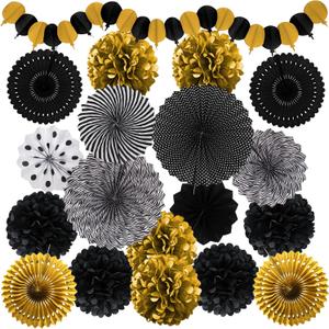 Black and Gold Decorations, Paper Pompoms Fan for Graduation Birthday Wedding Prom Night New Years Black and Gold Party Decorations