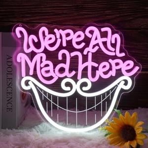 Mad Hatter's Tea Party Neon Sign We're All Mad Here Inspirational Light for Wall Art Decor Cheshire Cat's Grin Neon Sign Unique Wall Decor for Book Lovers and Movie Fans Birthday Party Gifts 12.8*11.3