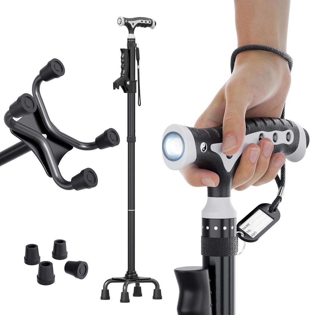 Hold 440 lbs Walking Cane for Seniors Aluminum Alloy Lightweight Height Adjustable Walking Stick Heavy Duty Foldbale Free Standing Cane with LED for Men and Women Adults