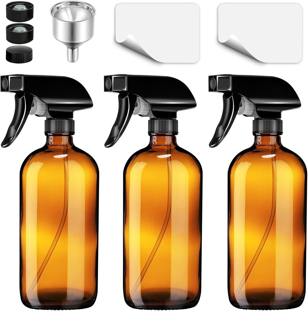 3 Pack Glass Spray Bottles 16 oz, Trigger Empty Spray Bottles Refillable with Funnel, Bottle cap, Labels for Cleaning Solutions, Plants, Essential Oils (3Pcs (Amber))
