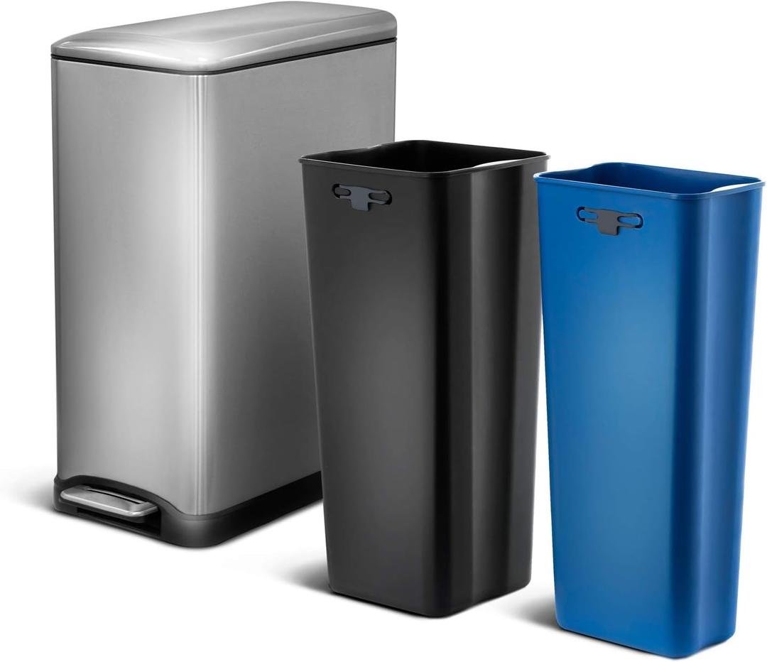 Home Zone Living 13 Gallon Slim Kitchen Trash Can with Dual Compartments for Trash and Recycling, Soft Close Lid, Step Pedal, Stainless Steel, Silver
