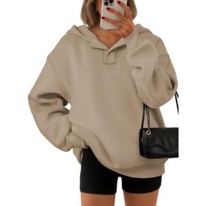 ATHMILE Womens Oversized Hoodies V Neck Sweatshirts Y2K Clothes Long Sleeve Pullover Fall Winter Fashion Henley Outfits 2025 (Beige, XS)