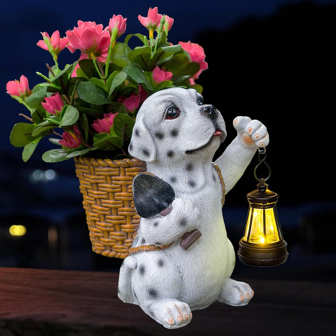 GudaAphrmix Dog Solar Statue Lantern - Cute Resin Dog Hold a Lantern Solar Power Sculpture Flowerpot Theme Unique Art Design Decor to Patio Yard Garden Gifts for Mom Grandma Pet Lovers Housewarming