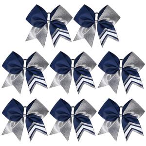 DEEKA 8PCS 8" Two Toned Large Glitter Cheer Bows Shiny Cheer Hair Bows Ponytail Holder Handmade for Cheerleader Girls Softball Sports -g Silver/Navy (1 Count (Pack of 8))