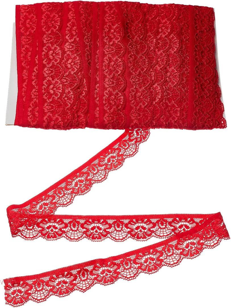 20 Yards Red Stretch Lace Ribbon, Vintage Lace Ribbons Trim, Embroidered Edge Trimming Embroidery Sewing Ribbons Crochet Fringe Trims for Crafts Item Wrapping, Bridal Wedding Decoration