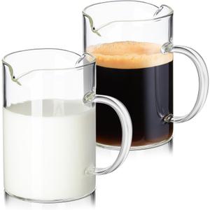 Leinuosen 2 Pcs Small Glass Creamer Pitcher with Spout Milk Frothing Pitcher Elegant Shaped Glass Coffee Tea Milk Creamer Jug Creative Milk Frother Cup (Simple Style,250ml) (Transparent)