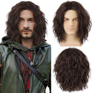 Mens Brown Curly Wig for Costume Middle Part 70S 80s Synthetic Funny Wigs for Retro Halloween Cosplay Party Use