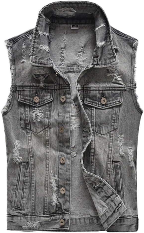 Men's Sleeveless Ripped Denim Vest Casual Slim Fit Button Down Jeans Vests Jacket (Gray, XL)