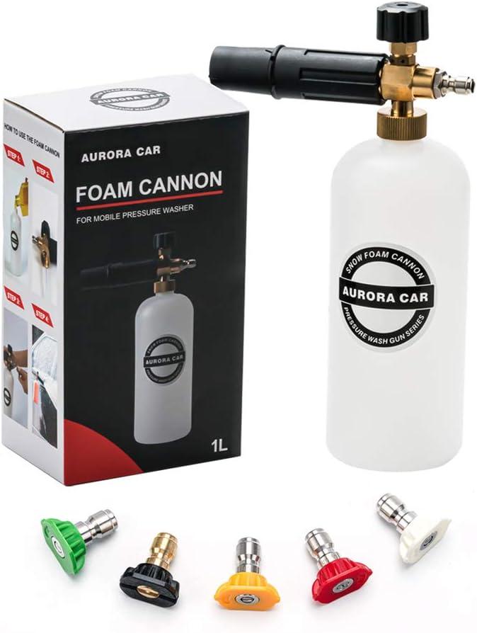 Foam Cannon with 1/4 Inch Quick Connector, 1 L Bottle Snow Foam Lance with 5 Pressure Washer Nozzle Tips, 3000PSI Foam Cannon with 1/4 Inch Quick Connector, 1 L Bottle Snow Foam Lance with 5 Pressure Washer Nozzle Tips, 3000PSI