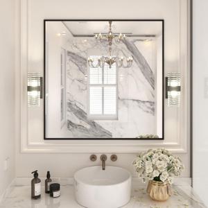 LOAAO 36"X36" Black Rectangle Bathroom Mirror Wall, Matte Black Aluminum Alloy Frame, Tempered Glass, Hangs Vertically or Horizontally, Easy to Install