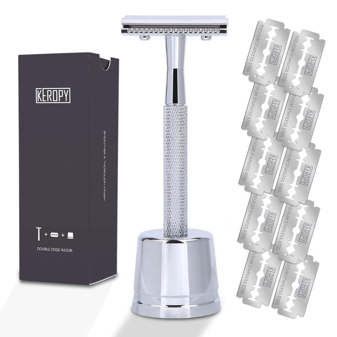 Aluminum Men Safety Razor With Stand and 10 Premium Stainless Steel Safety Razor Blades Reusable Safety Razor For Men and Women, Mens Single Blade Razor, Glossy Silver