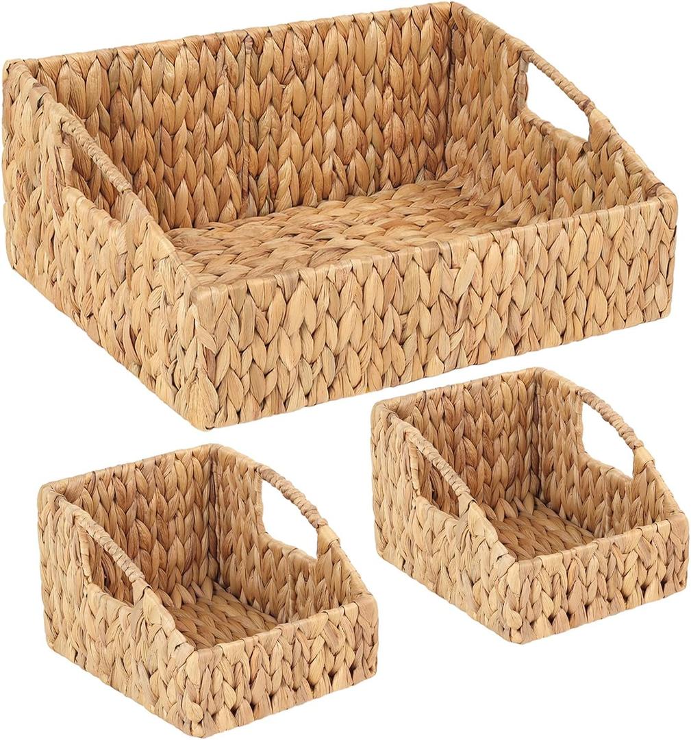 Set of 3 Handwoven Water Hyacinth Storage Baskets  Decorative Natural Wicker Organizer Bins with Built-in Handles for Bathroom, Kitchen, Pantry, Nursery, Closet, Laundry, Living Room, and Home Use