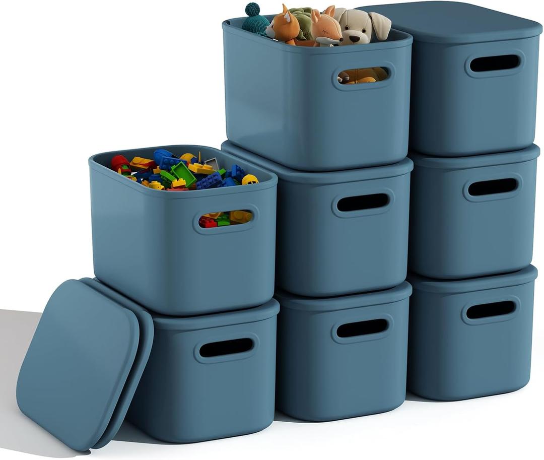 8 Pack Blue Storage Bins with Lids for Shelves, Classroom Storage Bins, Stackable Colored Bins, Plastic Storage Containers with Lids for Organizing, Storage Boxes for Craft, Art Supplies