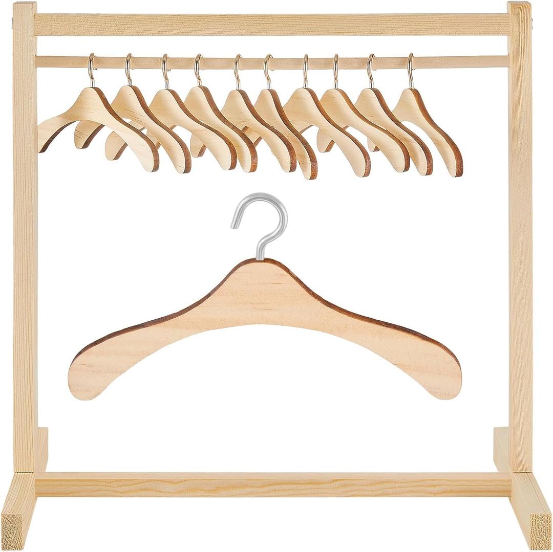 Civaner 11 Pcs Doll Garment Rack with Wooden Clothes Hanger for 18 Inch Girl Doll Clothes Mini Hangers Wardrobe Furniture Accessories for Dollhouse Baby Shower Supplies (Wood)