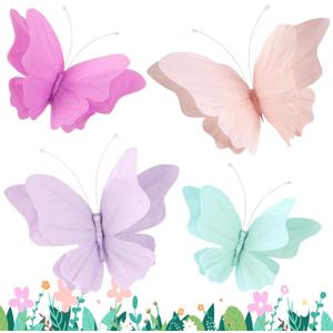 3D Hanging Butterfly Decorations, Butterfly Birthday Party Decorations, 4 Pcs Crepe Paper Butterfly Hanging Decorations for Girls, Women, Flower Garden Party Decorations (Purple Green)