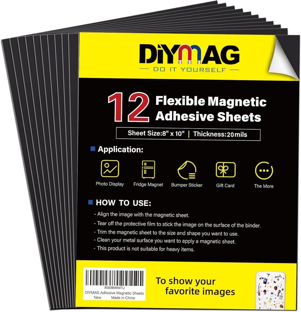 DIYMAG Magnetic Adhesive Sheets Photo Mat, 8" x 10" 12 Pack Flexible Magnets with Adhesive Backing for Crafts, Photos and Pattern Storage, Easy to Peel and Stick