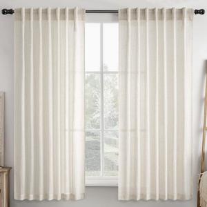 Ivory Cream Linen Back Tab Curtains 63 Inch Length 2 Panels Set, Semi Sheer Light Filtering Privacy Drapes for Modern Farmhouse Living Room Bedroom, Neutral Textured Pinch Pleated Look Window Curtains (Natural)