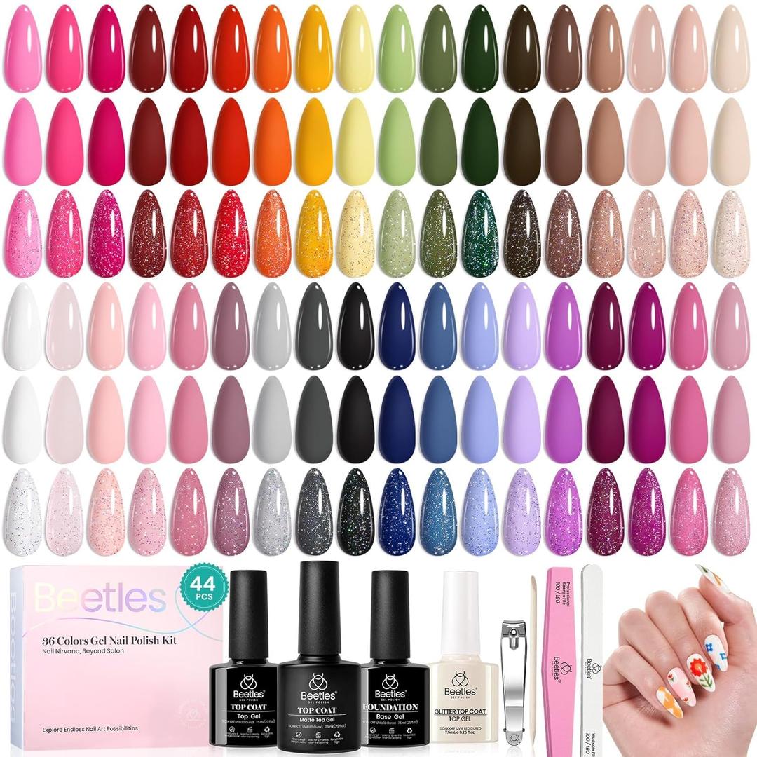 beetles 44pcs Gel Nail Polish Set - 36 Colors Colorful Muse Gel Polish Kit Pink Nude Red Yellow Green Black White Glitter Nail Kit Base Top Coat UV LED Needed Salon DIY Home Valentines Gift for Women