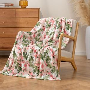 Luxury Printed Fleece Warm Throw Blanket, Soft Lightweight Velvety Plush Throw for Couch and Bed, Cozy Comfy for All Seasons (Ivory Pink Flowers, 5070 Inches)