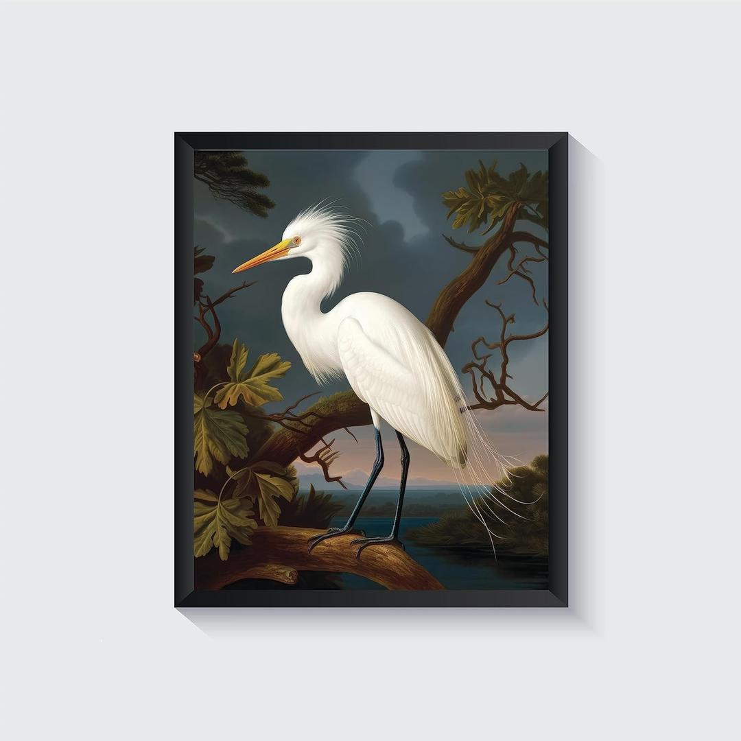 2 x Egret Bird Vintage Poster Art Print Retro Wall Art Poster Decor Nature, Avian Painting Artwork for Bedroom Living room Decor 41 (Egret, 8 x 10 inches, Unframed)