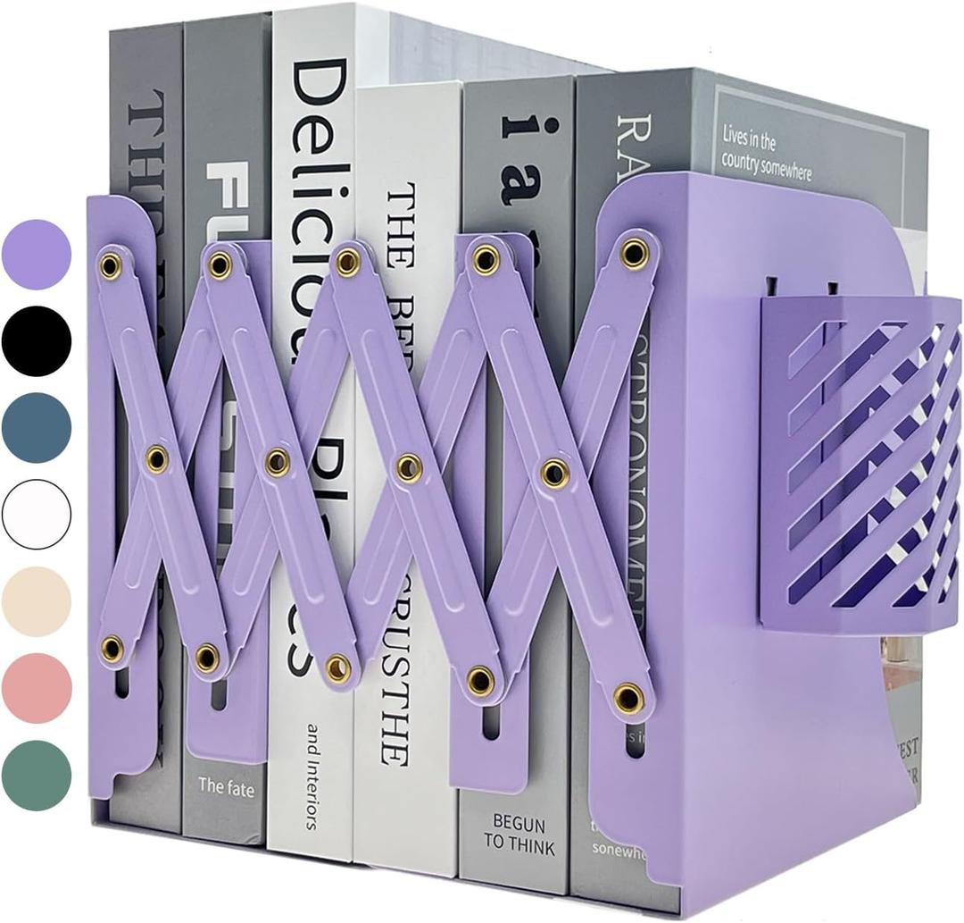 Kingsmile Book Ends, Adjustable Bookends for Shelves, Metal Bookends for Heavy Books, Book Stopper Organzier with Pen Holder for Desk, Kids Room, Office, Classroom, Library, Study Room(Purple)