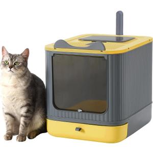 Upgraded Fully Enclosed Cat Litter Box with Lid, Covered Cat Box Enclosure, Anti-Splashing Easy to Clean Kitty Litter Boxes with Drawer, 3 Modes can Use from Kitten to Adult(Yellow&Grey)