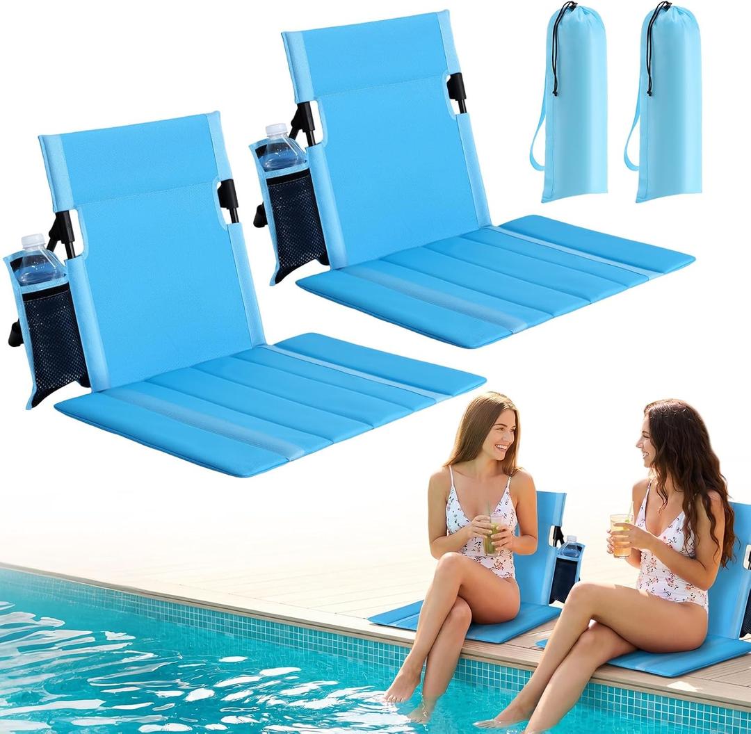 2 Pack Portable Poolside Chairs, Foldable Legless Beach Chairs for Adults with Cup Pocket, Lightweight Ground Seat Small Beach Chair for Edge of Pool, Quick-Dry Back Support for Travel (Blue)
